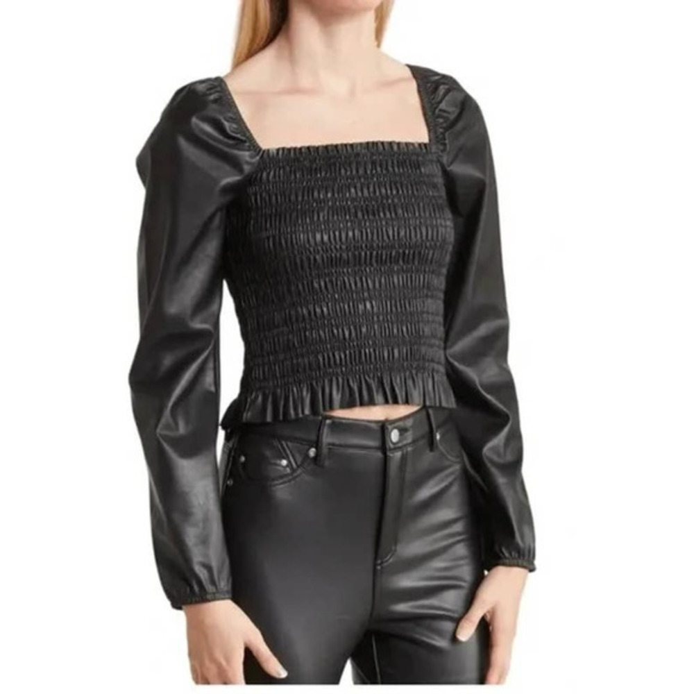 BAGATELLE Black Shirred Faux Leather‎ Crop Top - NWT